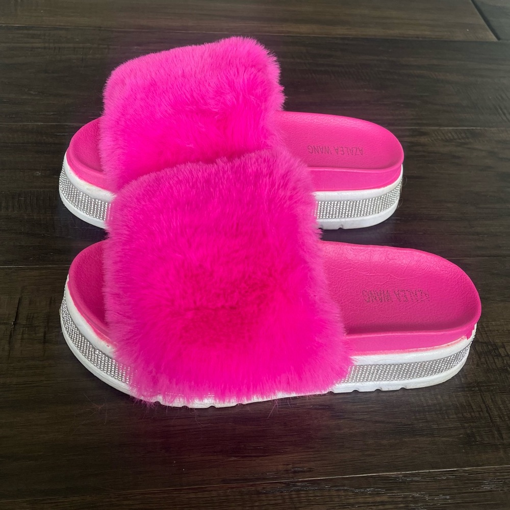 Akira Azalea Wang Fur Slides Rhinestones Platforms